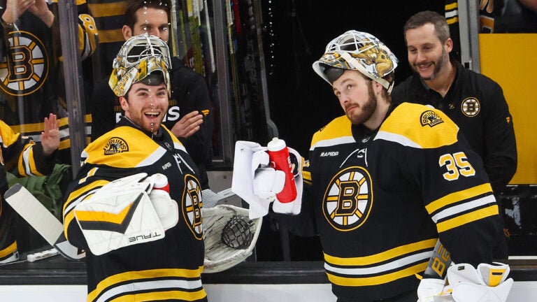 Boston Bruins goaltender Jeremy Swayman (1) and Boston Bruins goaltender Linus Ullmark (35) during their pregame routine. The Boston Bruins host the Toronto Maple Leafs on April 6, 2023 at TD Garden in Boston, MA.